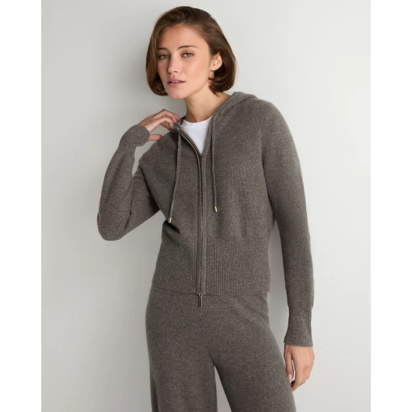 N.Peal Honeycomb Zipper Cashmere Hoodie in Wood Smoke Brown