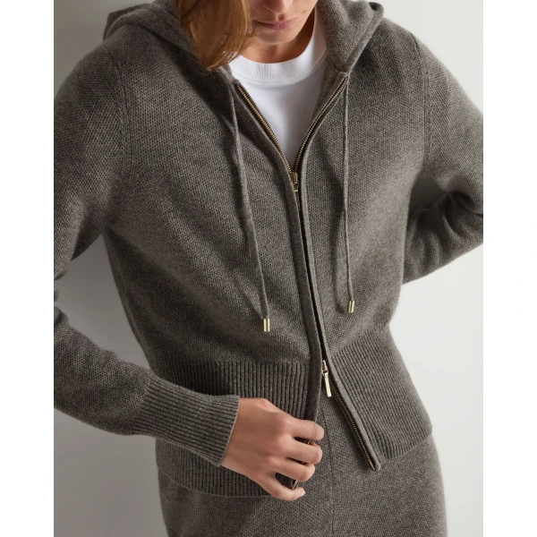 N.Peal Honeycomb Zipper Cashmere Hoodie in Wood Smoke Brown
