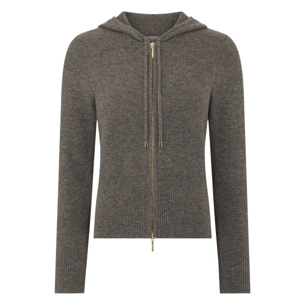 N.Peal Honeycomb Zipper Cashmere Hoodie in Wood Smoke Brown | Hoodies | Luxury Shoes 