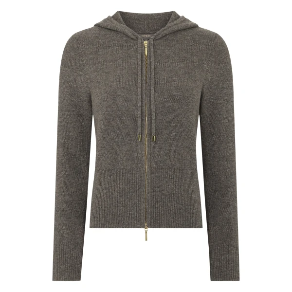 Honeycomb Zipper Cashmere Hoodie in Wood Smoke Brown