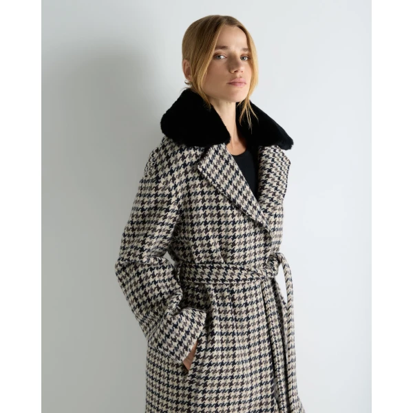 N.Peal Icon Dogtooth City Coat With Fur Collar in Beige Brown Dogtooth