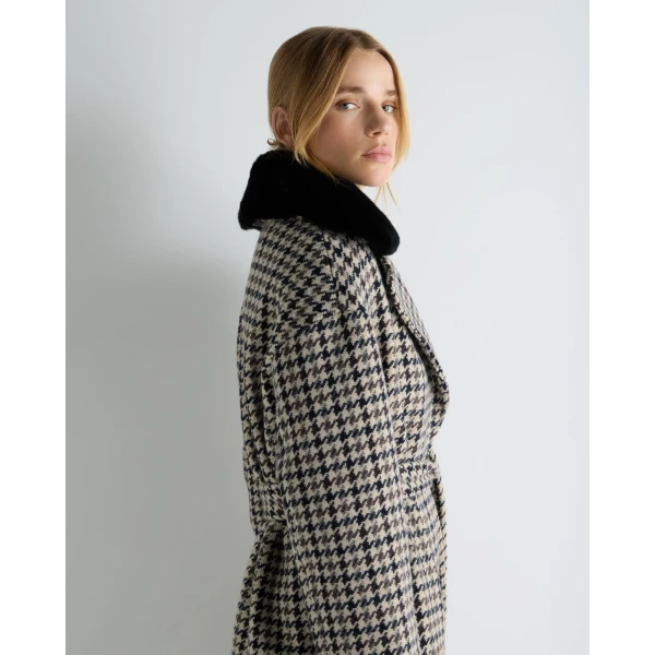 N.Peal Icon Dogtooth City Coat With Fur Collar in Beige Brown Dogtooth