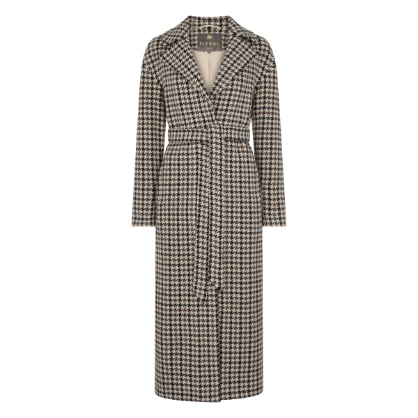 N.Peal Icon Dogtooth City Coat With Fur Collar in Beige Brown Dogtooth | Wool Coat | Luxury Shoes 