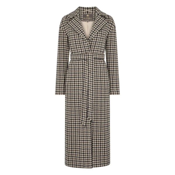 Icon Dogtooth City Coat With Fur Collar in Beige Brown Dogtooth