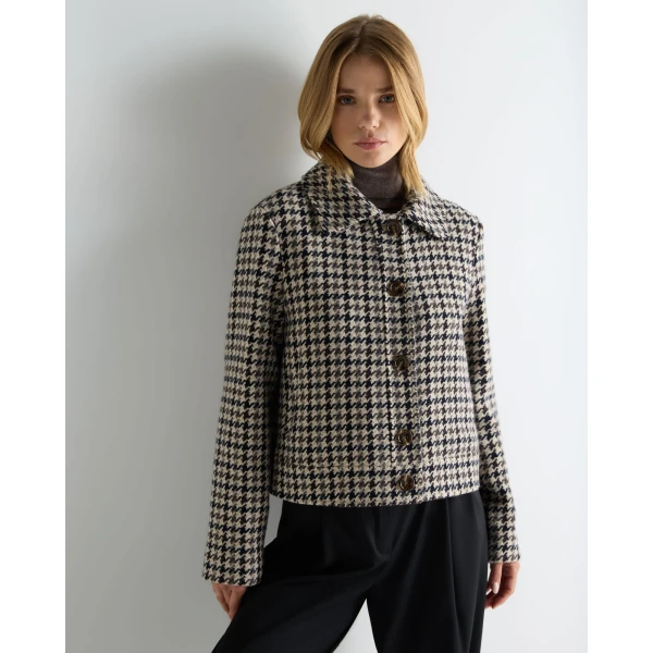 N.Peal Icon Dogtooth City Jacket With Fur Collar in Beige Brown Dogtooth