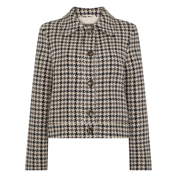 N.Peal Icon Dogtooth City Jacket With Fur Collar in Beige Brown Dogtooth | Jackets | Luxury Shoes 