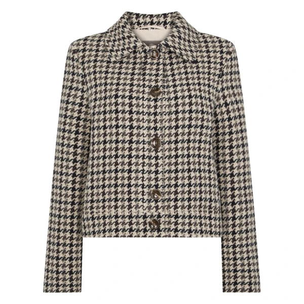 Icon Dogtooth City Jacket With Fur Collar in Beige Brown Dogtooth