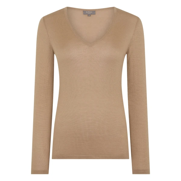 N.Peal Imogen Superfine Cashmere V Neck Jumper in Caramel Brown | Sweaters | Luxury Shoes 