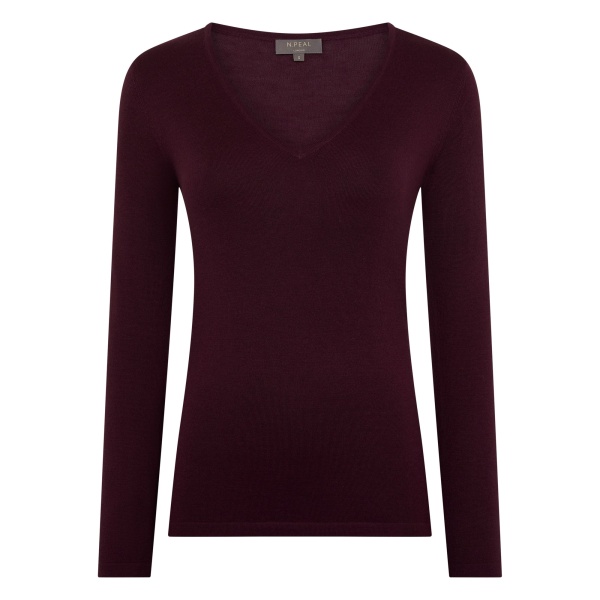 N.Peal Imogen Superfine Cashmere V Neck Jumper in Damson Red | Sweaters | Luxury Shoes 