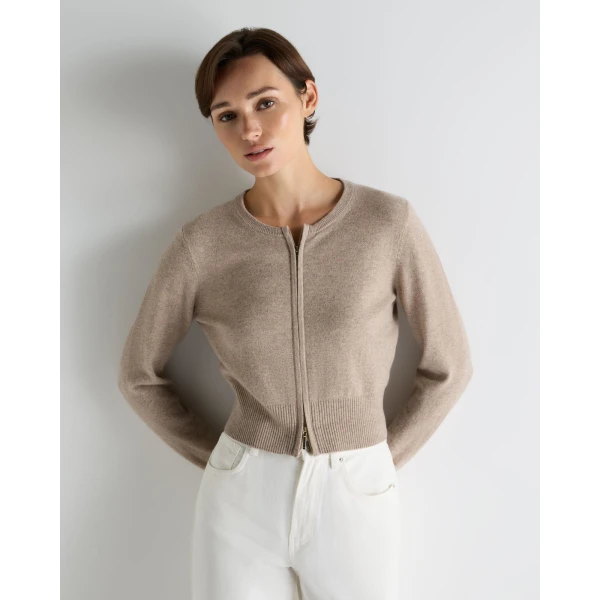 N.Peal Ivy Zipped Cashmere Cardigan in Oatmeal Brown