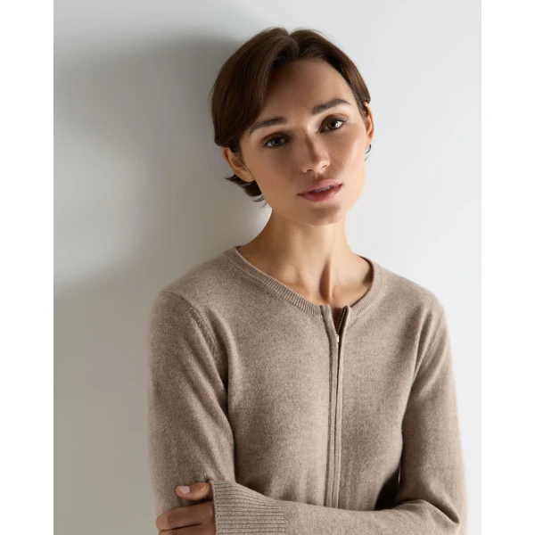 N.Peal Ivy Zipped Cashmere Cardigan in Oatmeal Brown