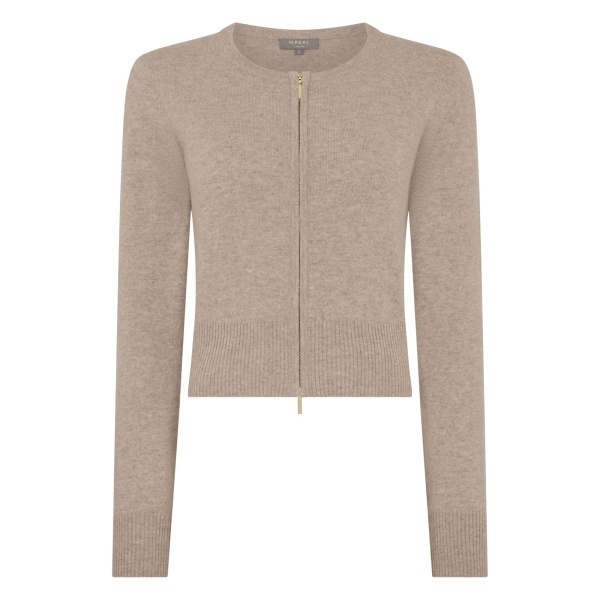 N.Peal Ivy Zipped Cashmere Cardigan in Oatmeal Brown | Cardigan | Luxury Shoes 