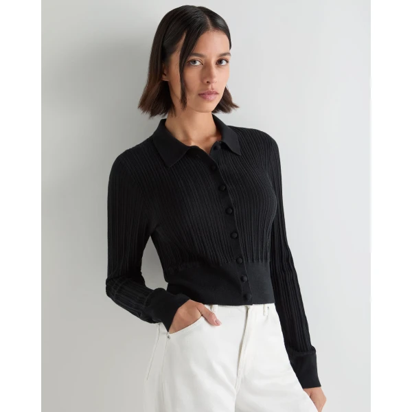 N.Peal Long Sleeve Ribbed Polo in Black