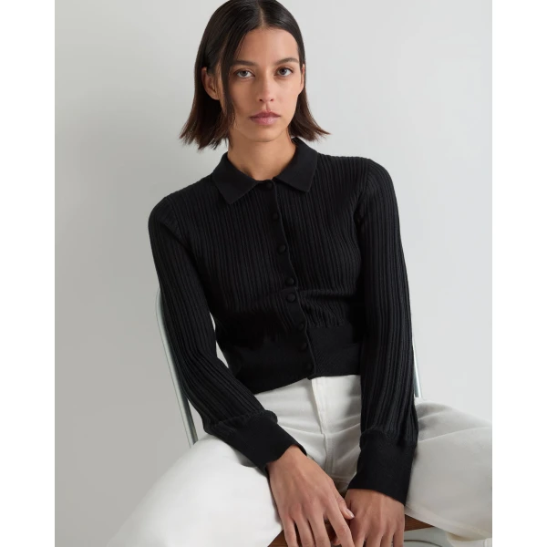 N.Peal Long Sleeve Ribbed Polo in Black