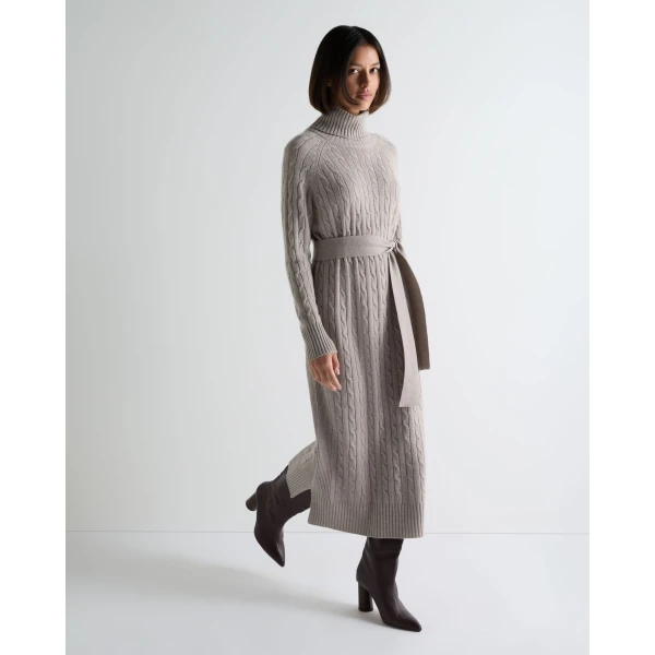 N.Peal Longline Cable Cashmere Dress in Oat Grey