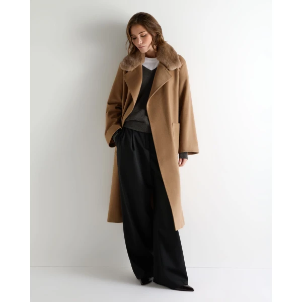 N.Peal Longline City Coat With Fur Trim in Camel Brown