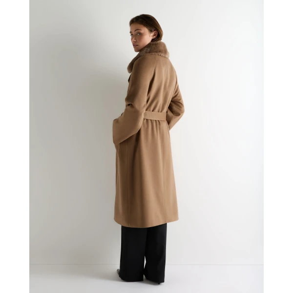 N.Peal Longline City Coat With Fur Trim in Camel Brown