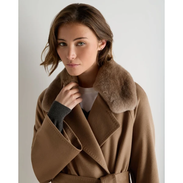 N.Peal Longline City Coat With Fur Trim in Camel Brown