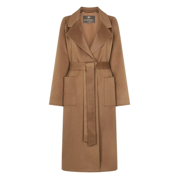 Longline City Coat With Fur Trim in Camel Brown