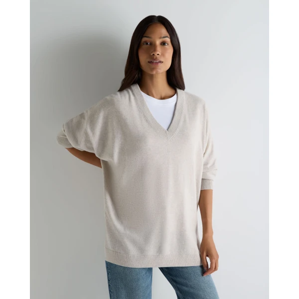 N.Peal Longline V Neck Cashmere Jumper in Pebble Grey