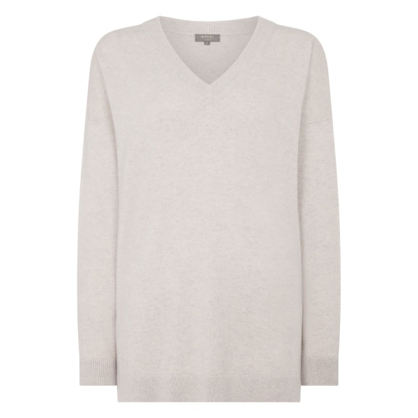 N.Peal Longline V Neck Cashmere Jumper in Pebble Grey | Sweaters | Luxury Shoes 