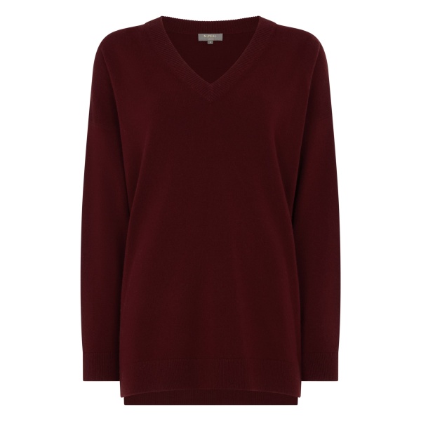 N.Peal Longline V Neck Cashmere Jumper in Rustic Red | Sweaters | Luxury Shoes 