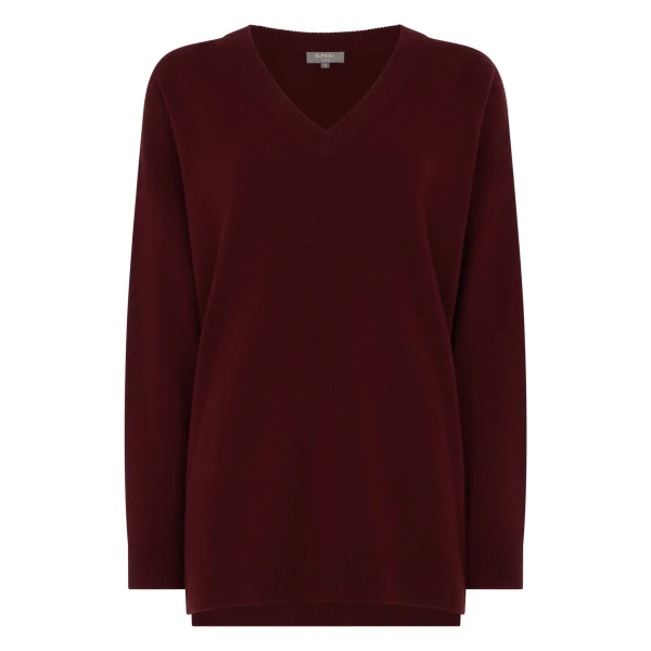Longline V Neck Cashmere Jumper in Rustic Red