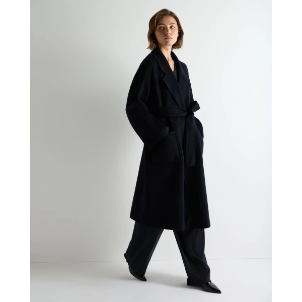 N.Peal Longline Woven Coat in Dark Navy Blue