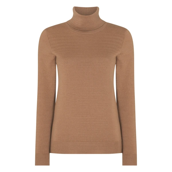 Luna Roll Neck Cashmere Jumper in Camel Brown