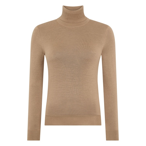 N.Peal Margot Superfine Cashmere Roll Neck Jumper in Caramel Brown | Turtlenecks | Luxury Shoes 