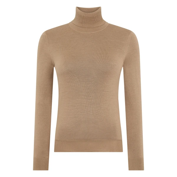 N.Peal Margot Superfine Cashmere Roll Neck Jumper in Caramel Brown | Turtlenecks | Luxury Shoes 