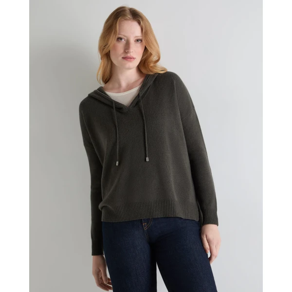N.Peal Maya Metal Trim Cashmere Hoodie in Arabica Khaki Green