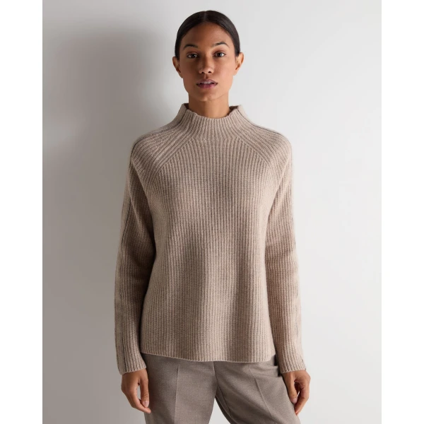 N.Peal Metal Funnel Neck Cashmere Jumper in Oatmeal Brown