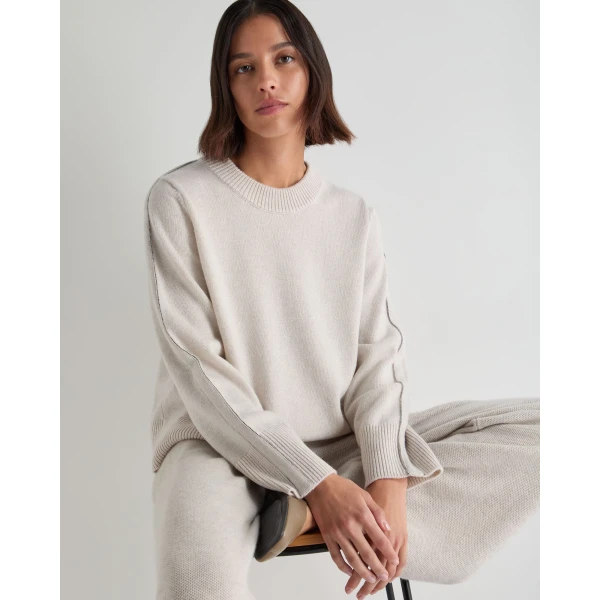 N.Peal Metal Trim Round Neck Cashmere Jumper in Frost White Sparkle