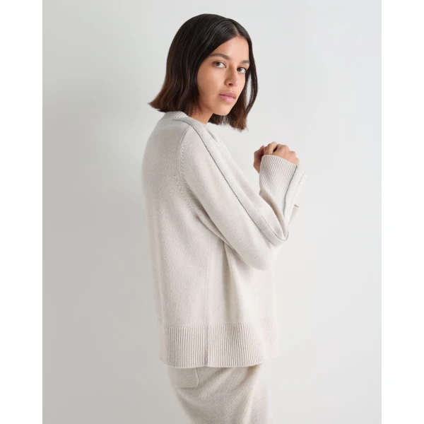 N.Peal Metal Trim Round Neck Cashmere Jumper in Frost White Sparkle