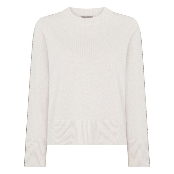 N.Peal Metal Trim Round Neck Cashmere Jumper in Frost White Sparkle | Sweaters | Luxury Shoes 