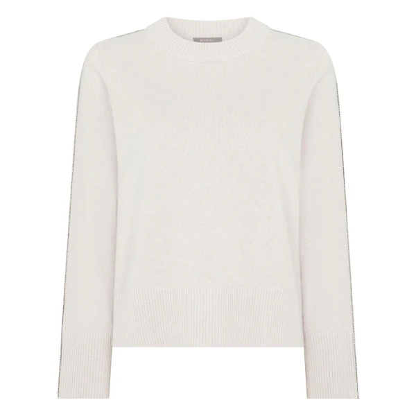 N.Peal Metal Trim Round Neck Cashmere Jumper in Frost White Sparkle | Sweaters | Luxury Shoes 