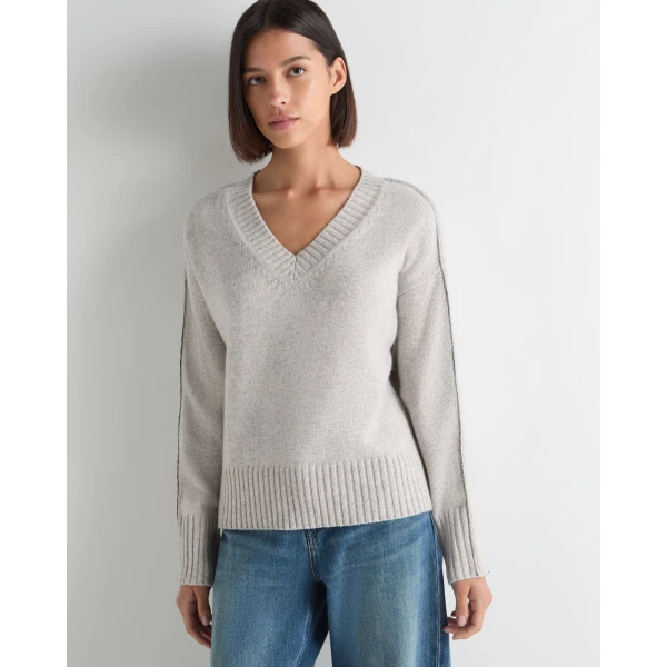 N.Peal Metal Trim V Neck Cashmere Jumper in Cashmere Grey Melange