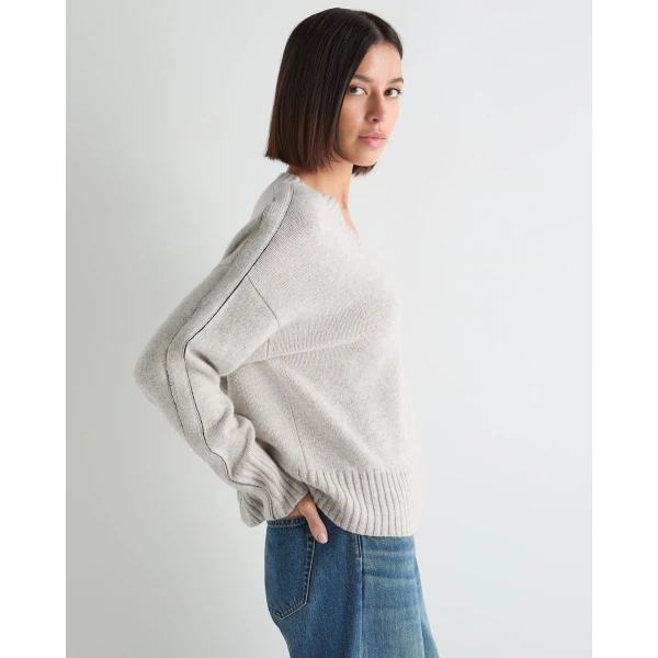 N.Peal Metal Trim V Neck Cashmere Jumper in Cashmere Grey Melange