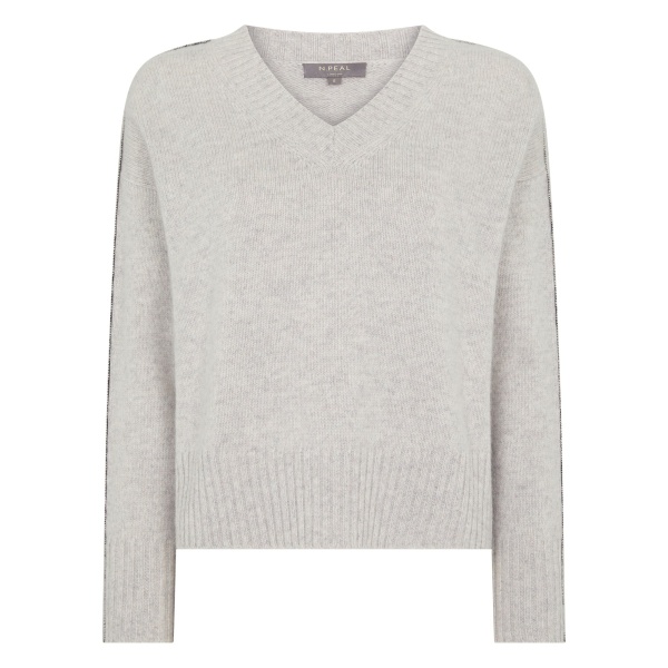 N.Peal Metal Trim V Neck Cashmere Jumper in Cashmere Grey Melange | Sweaters | Luxury Shoes 