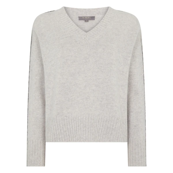 N.Peal Metal Trim V Neck Cashmere Jumper in Cashmere Grey Melange | Sweaters | Luxury Shoes 