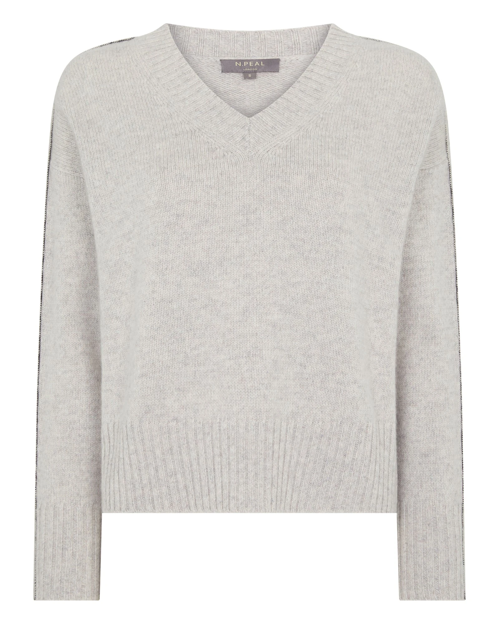 N.Peal Metal Trim V Neck Cashmere Jumper in Cashmere Grey Melange N.Peal Metal Trim V Neck Cashmere Jumper in Cashmere Grey Melange | Sweaters | Luxury Shoes
