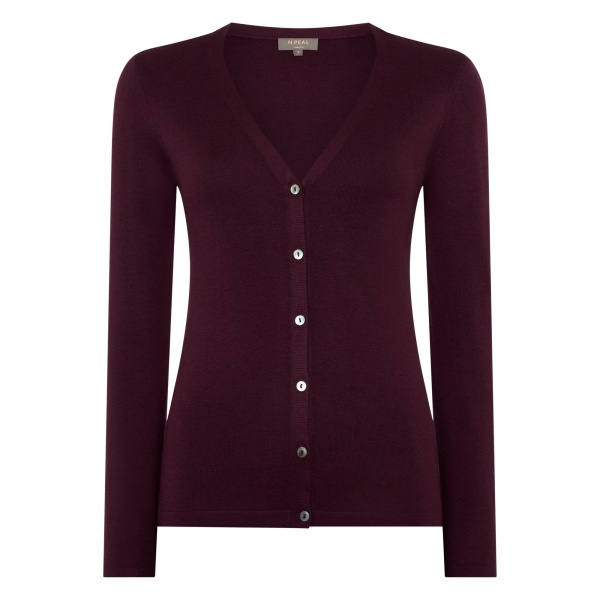 N.Peal Mia Superfine Cashmere V Neck Cardigan in Damson Red | Cardigan | Luxury Shoes 