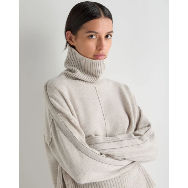 N.Peal Mollie Metal Roll Neck Cashmere Jumper in Pebble Grey