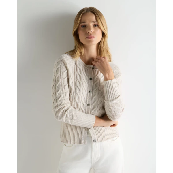 N.Peal Myla Cable Cashmere Cardigan With Lurex in Frost White Sparkle