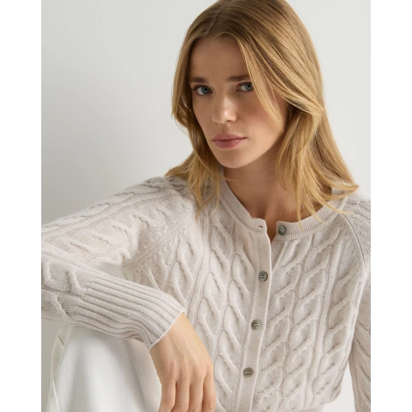 N.Peal Myla Cable Cashmere Cardigan With Lurex in Frost White Sparkle