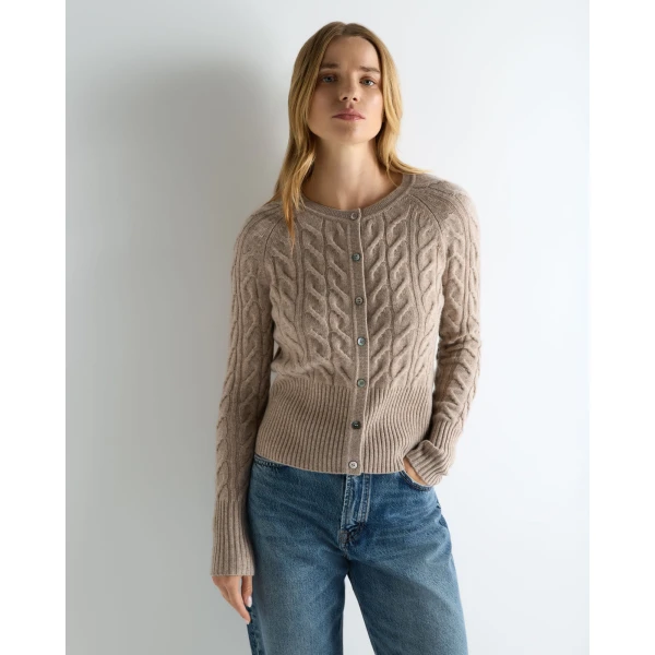 N.Peal Myla Cable Cashmere Cardigan in Oatmeal Brown