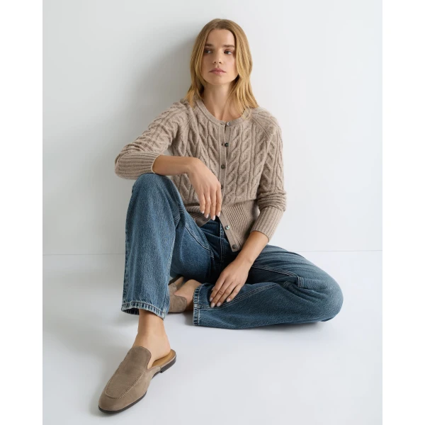 N.Peal Myla Cable Cashmere Cardigan in Oatmeal Brown