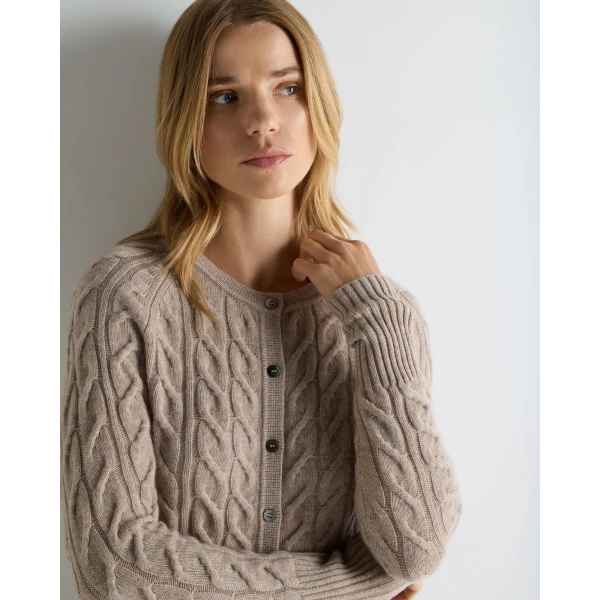 N.Peal Myla Cable Cashmere Cardigan in Oatmeal Brown