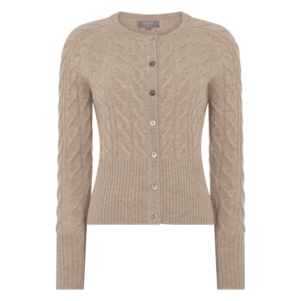 N.Peal Myla Cable Cashmere Cardigan in Oatmeal Brown | Cardigan | Luxury Shoes 